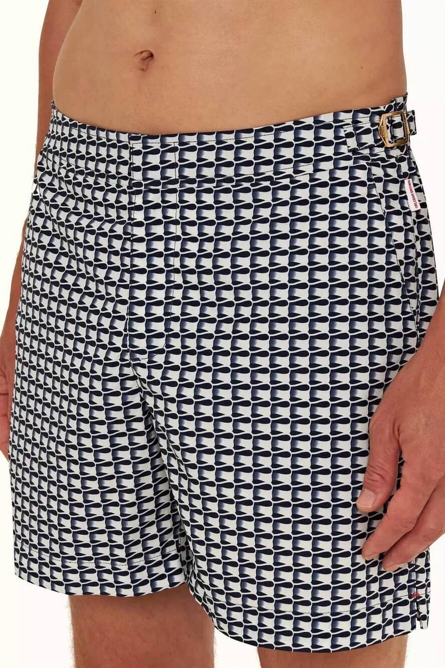 NEW ORLEBAR BROWN ribbon print mid-length bulldog swim shorts in white/iris